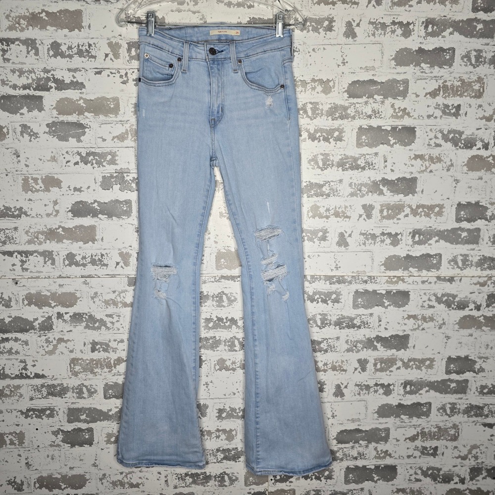 Levis 726 High Rise Flare Jeans Light Wash Distressed Denim W26 L32 Womens